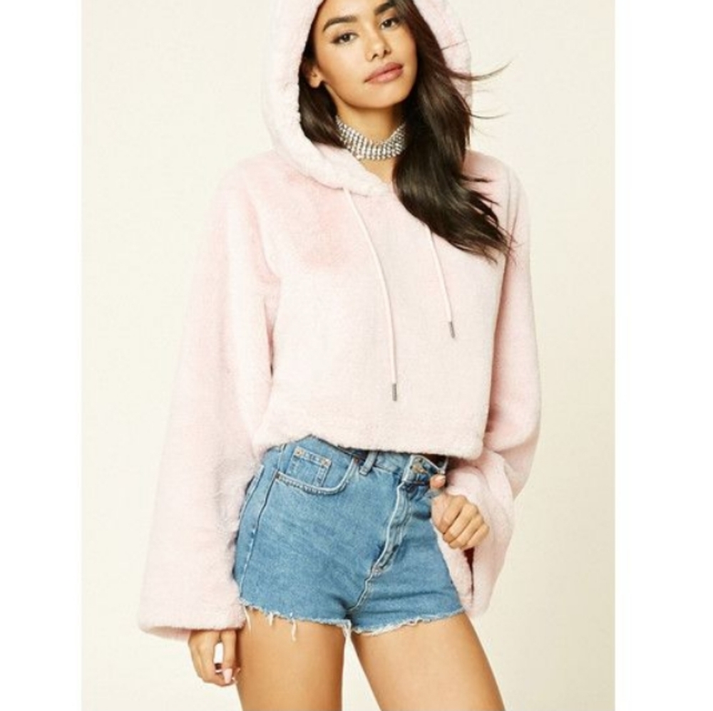 Forever 21 Furry Cropped Bell Sleeve Pull Over Med